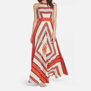 Eliza J Deep Orange and Cream Geo-Print Halter Maxi Dress
